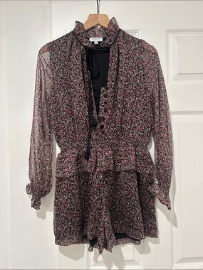 Barneys New York Black Floral Tie-Neck Blouse Romper with Pink Accents